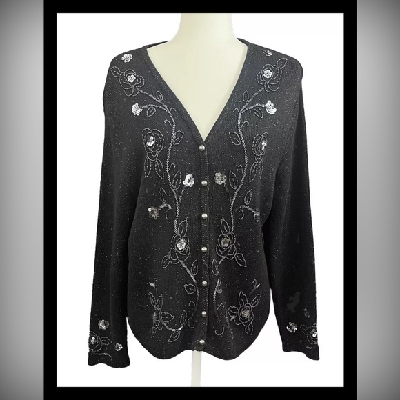 Work In Progress Black Cardigan Sequins Shimmer Holiday Vintage Inspired Large - Picture 1 of 8